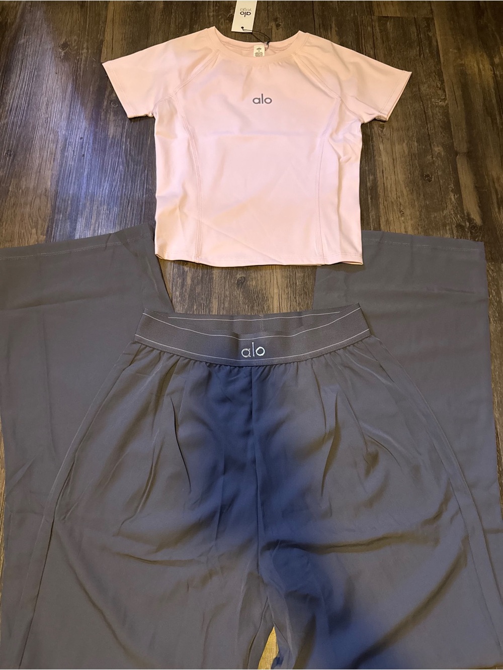 ALO Yoga Pink Short-Sleeve Top with Gray Wide-Leg Pants